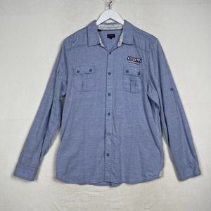 Buffalo David Bitton Patchwork Logo Soft Blue Denim Long Sleeve‎ Button Up XL
